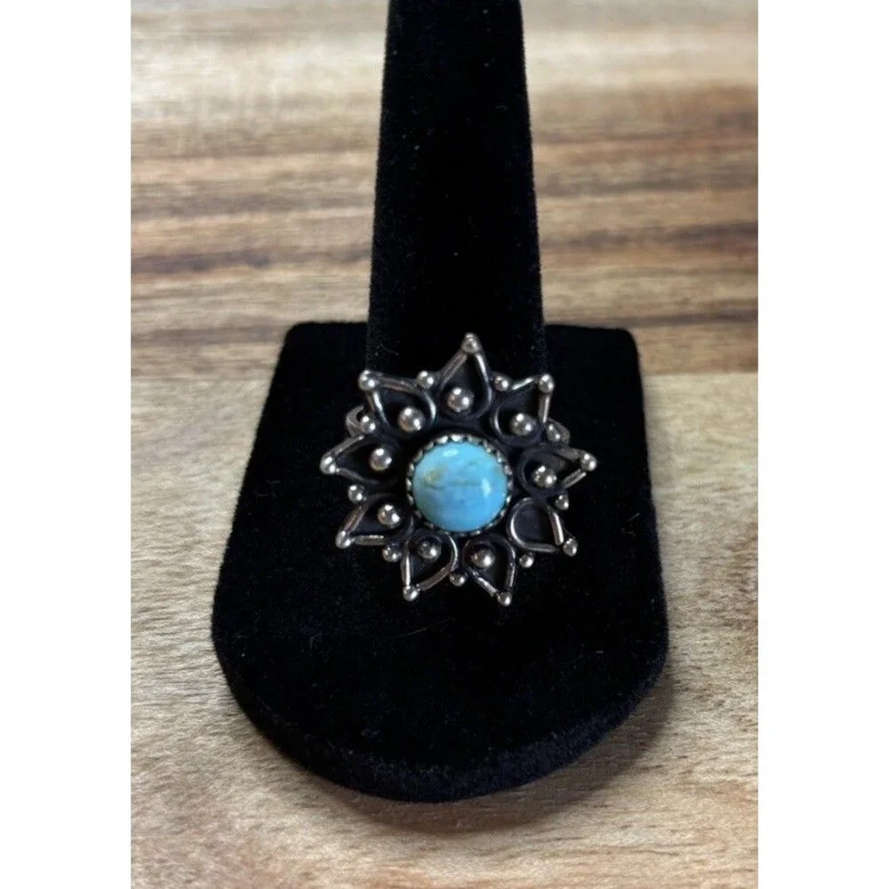 Sterling Silver Kingman Turquoise Sunburst Flower Sz 7.5 Southwest Ring